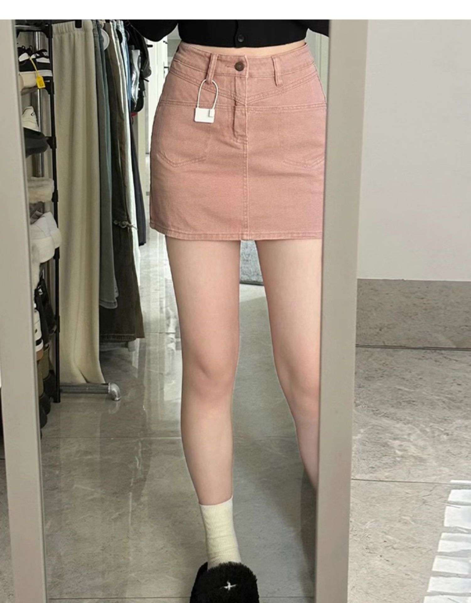 ピンクコーデ デニムミニスカート ウエストループ付き