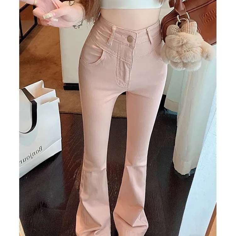 ピンクコーデ 美脚 ハイウエスト フレア くすみピンク ストレッチ パンツ