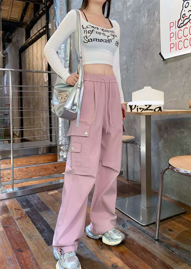 ピンクコーデ ゆったりカーゴポケットワイドピンクパンツ