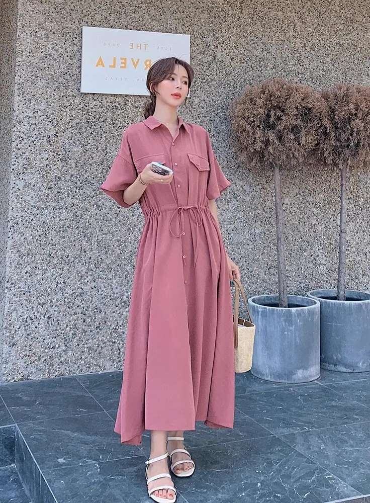 ピンクコーデ シャツカラーマキシピンクワンピース