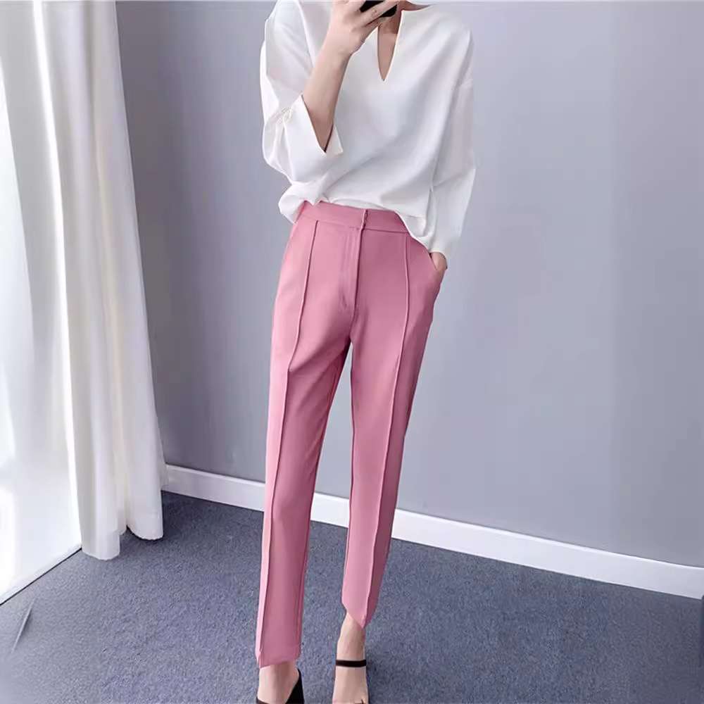 ピンクコーデ ハイウエストテーパードピンクパンツ