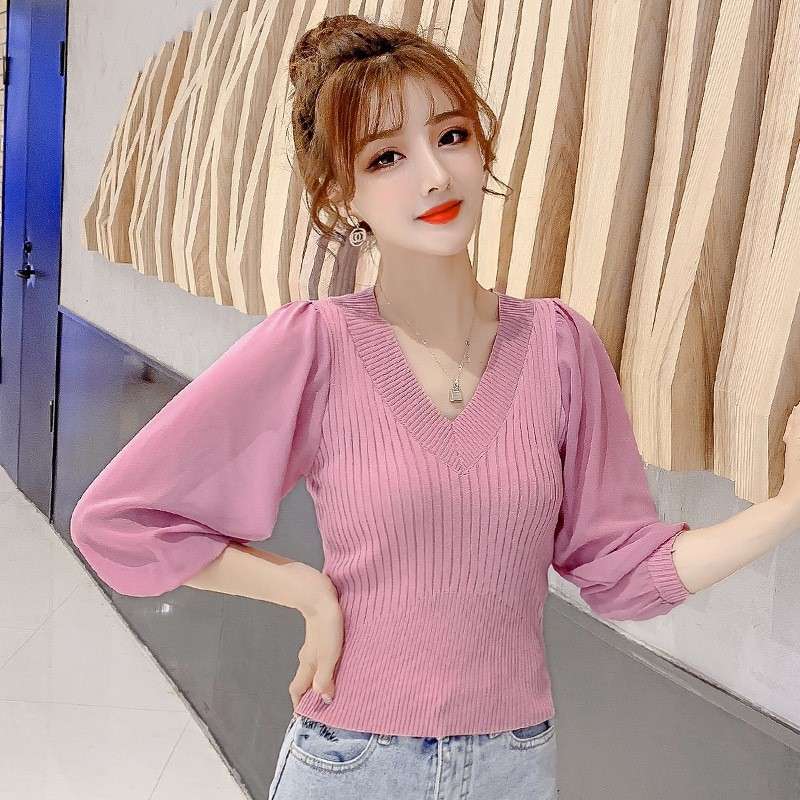 ピンクコーデ ふんわり袖リブニットピンクプルオーバー