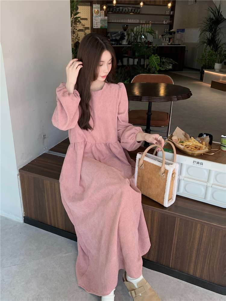 ピンクコーデ くすみピンク♥ふんわりシルエット 長袖マキシワンピース
