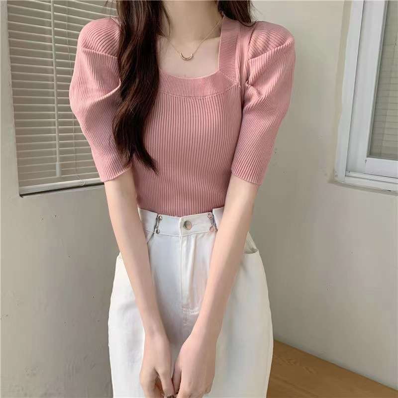 ピンクコーデ スクエア リブニット 半袖 パフスリーブ リブニット 甘くてかわいい 着痩せ プルオーバー ピンクトップス