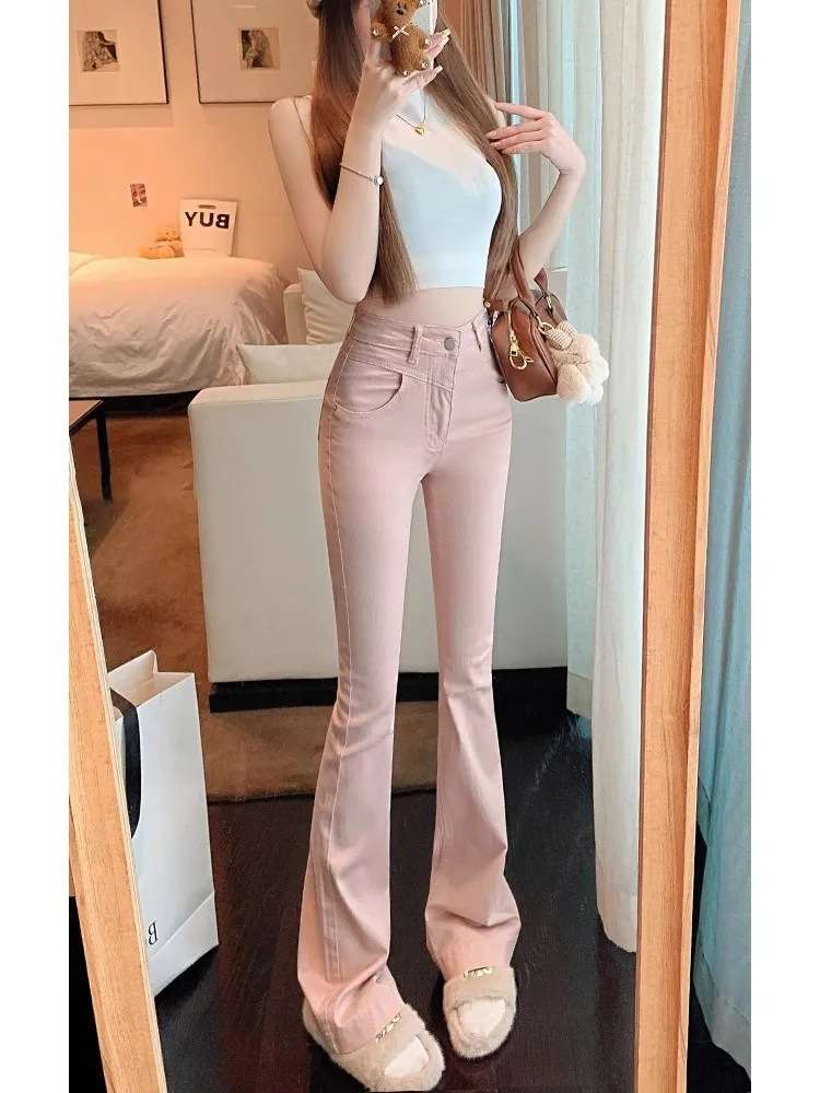 ピンクコーデ 美脚 ハイウエスト フレア くすみピンク ストレッチ パンツ