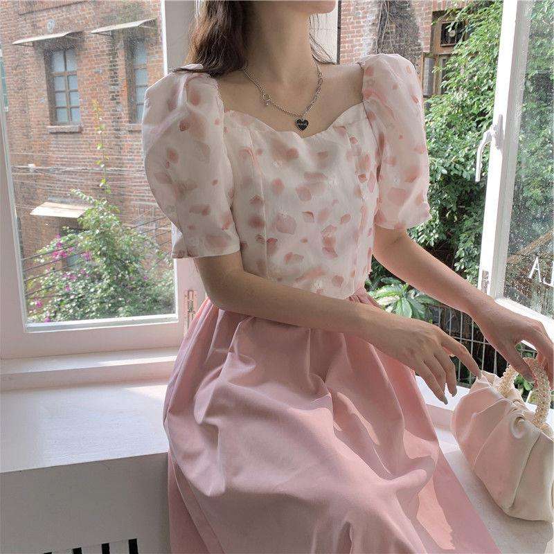 ピンクコーデ フェミニンレトロ ロングフレアピンクスカート