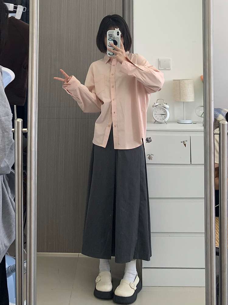 ピンクコーデ ゆったり オーバーサイズ リラックス レディース シンプル ベーシック 着回し 長袖 ピンクシャツ