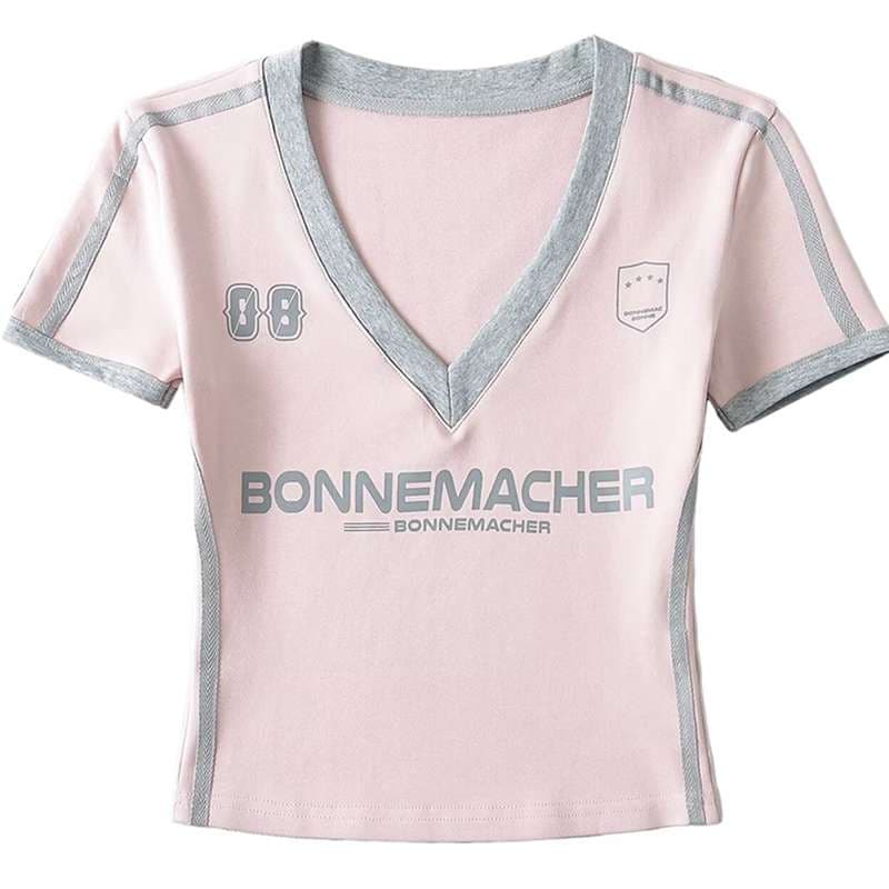 ピンクコーデ スポーティーVネッククロップドTシャツ