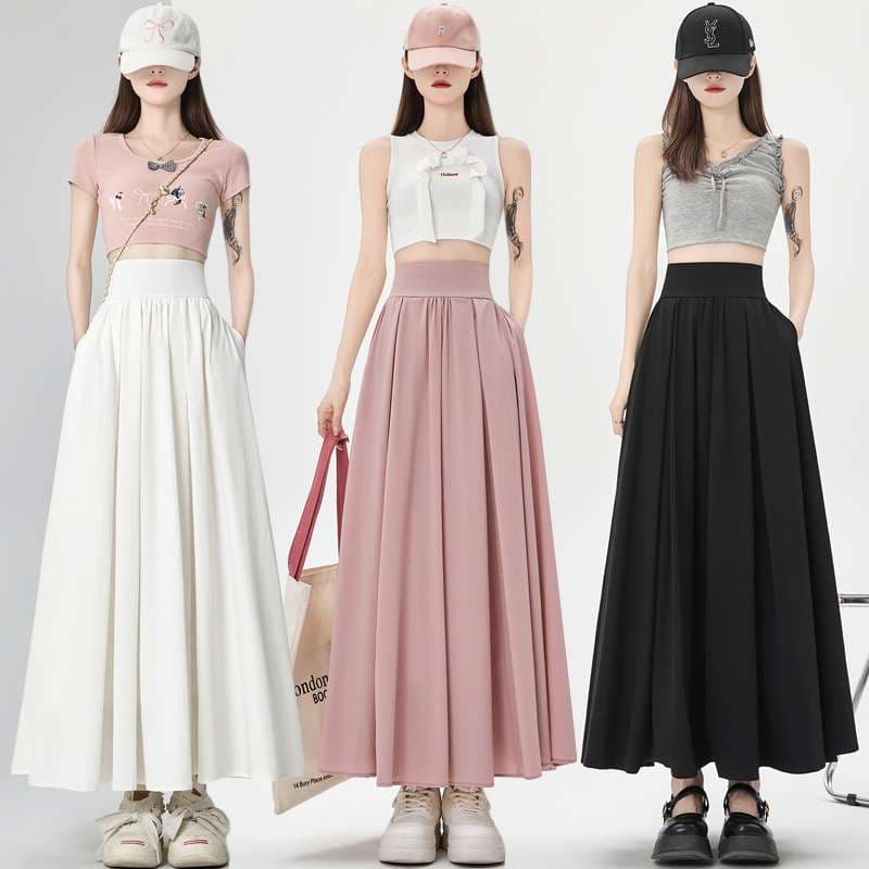 ピンクコーデ ふんわりプリーツロングスカート