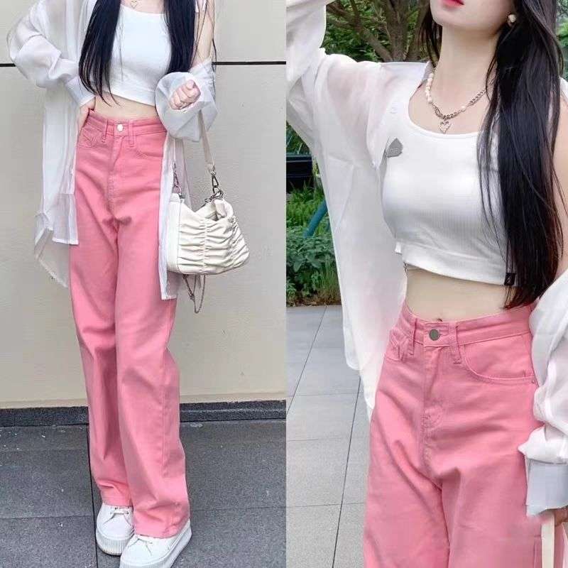 ピンクコーデ 華やか ゆったり カジュアル ハイウエスト 脚長 ストレート ピンクパンツ