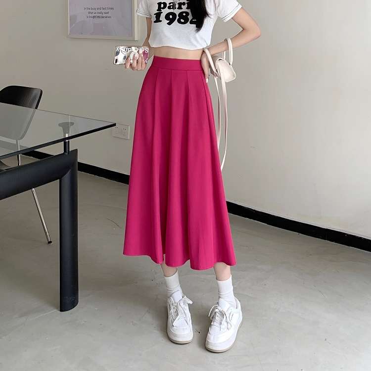 ピンクコーデ ふんわり シンプル 無地 タック フレア ロング プリーツ ピンクスカート