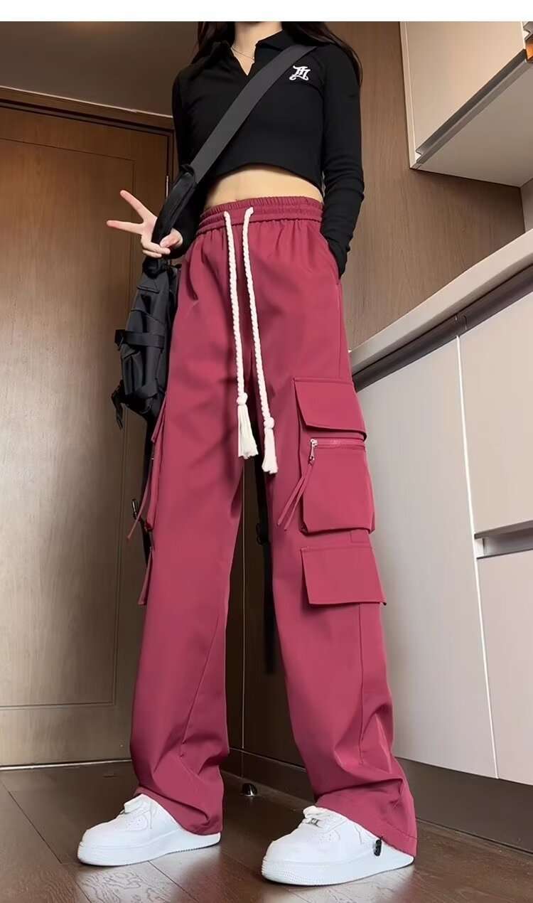 ピンクコーデ マルチポケットカーゴワイドボルドーピンクパンツ