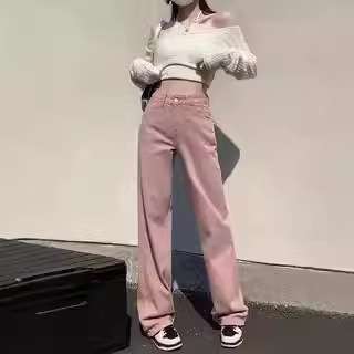 ピンクコーデ ゆったり ストレート デニム ピンクパンツ