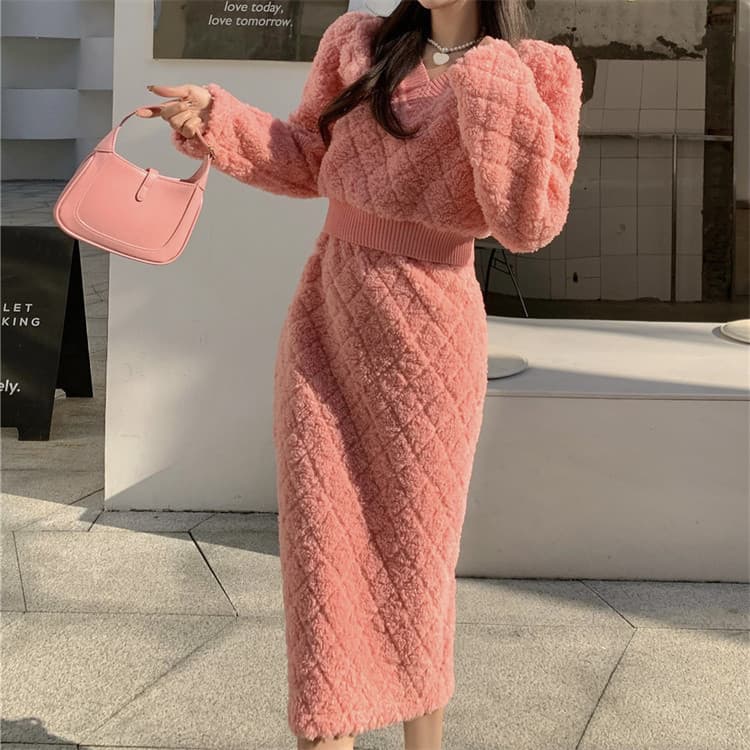 ピンクコーデ ふわふわニット上下セット羊毛風２点セット優雅 トップス