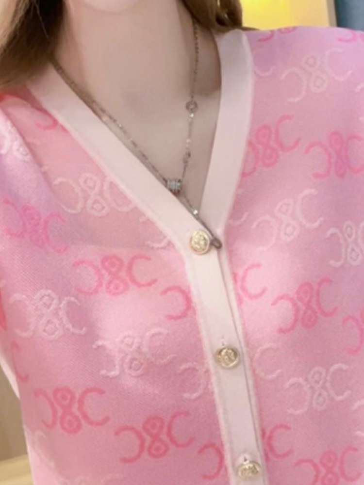 ピンクコーデ モノグラム柄シアーカーディガン
