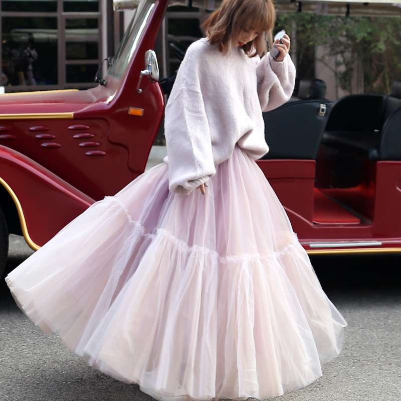 ピンクコーデ ふんわりチュールロングピンクスカート