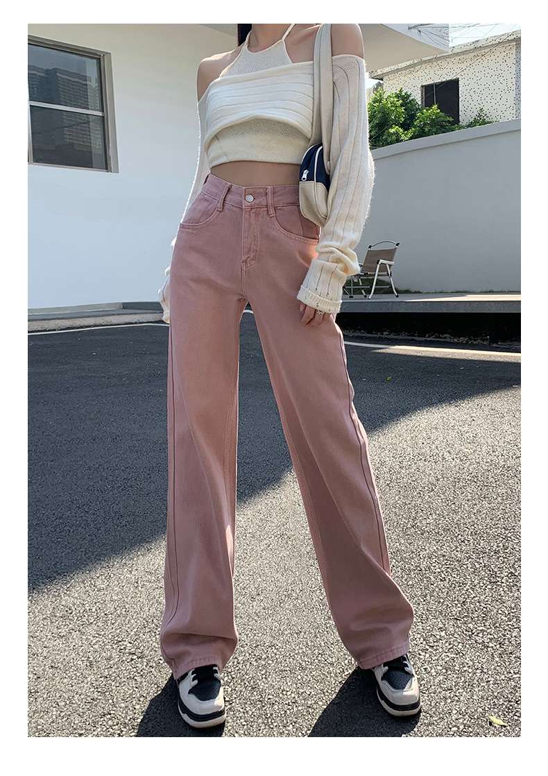 ピンクコーデ ゆったり ストレート デニム ピンクパンツ