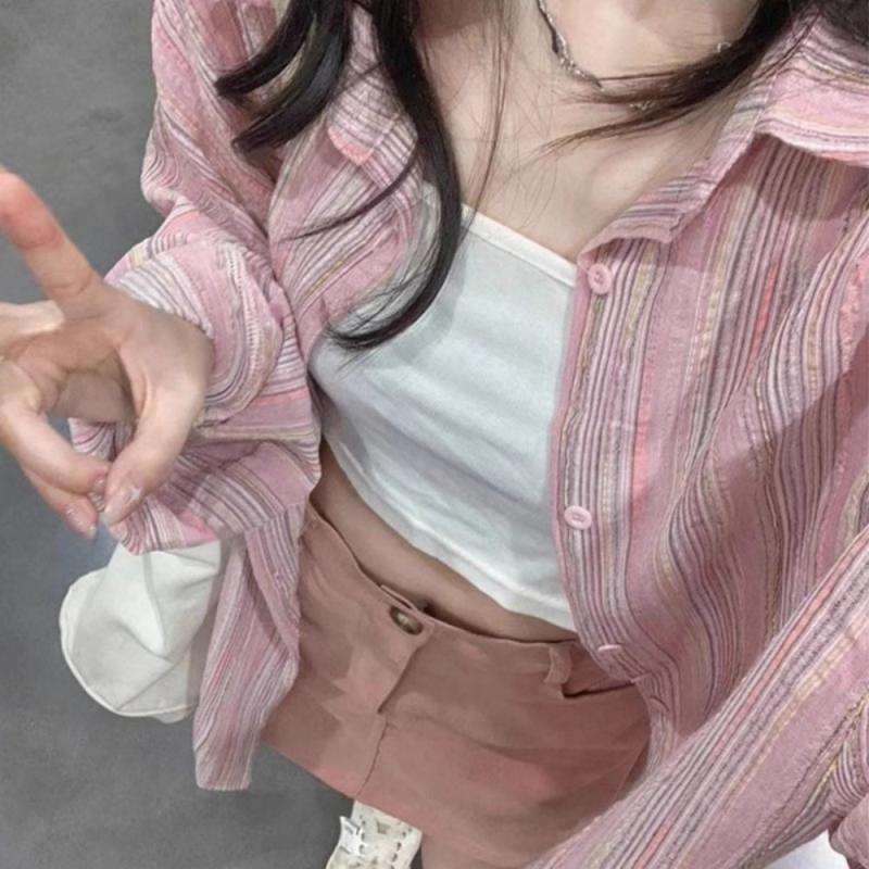 ピンクコーデ ストライプ柄シアー素材オーバーサイズシャツ