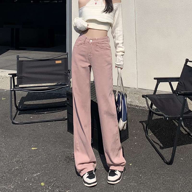 ピンクコーデ ゆったり ストレート デニム ピンクパンツ