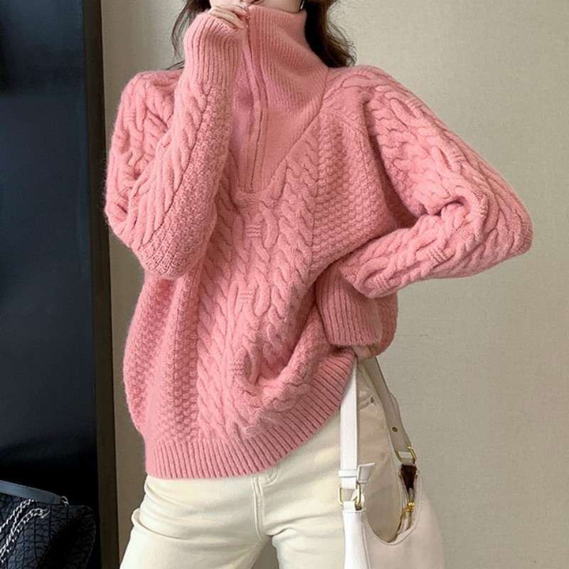 ピンクコーデ ふわもこ ケーブルニット プルオーバー あったか 秋冬 ハーフジップ トップス ピンクセーター