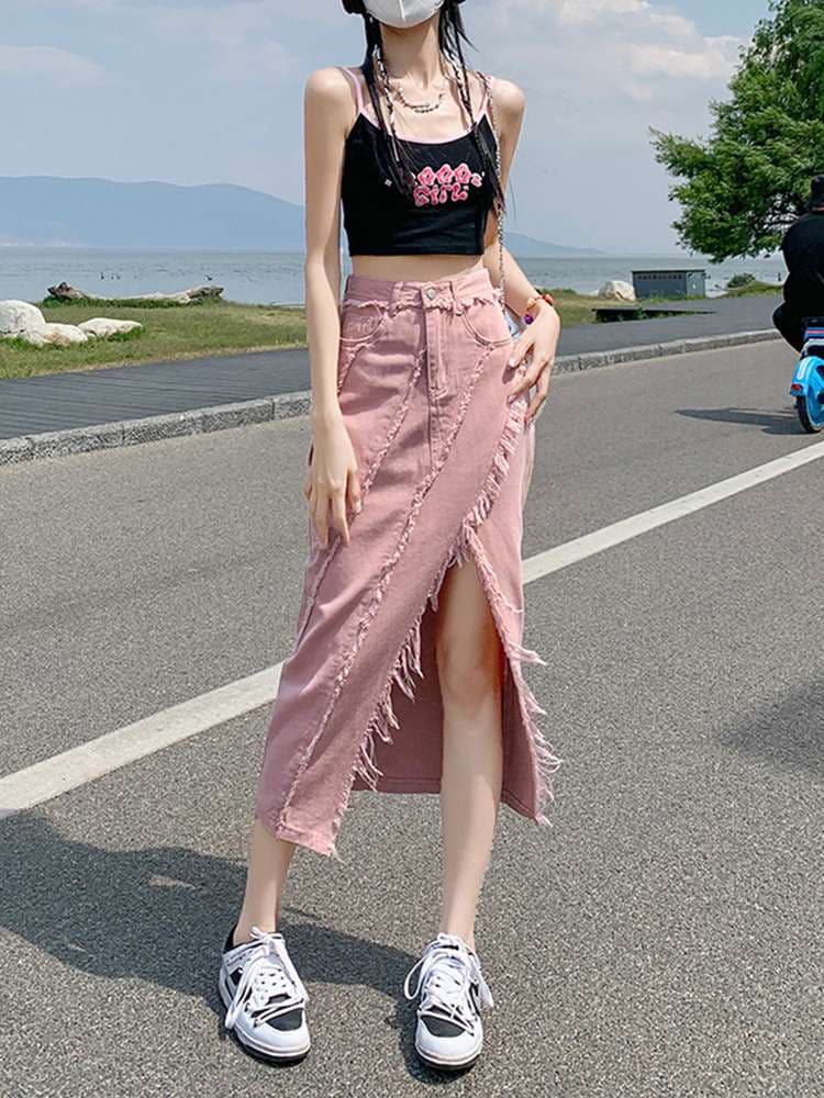ピンクコーデ フリンジデニムマキシスカート