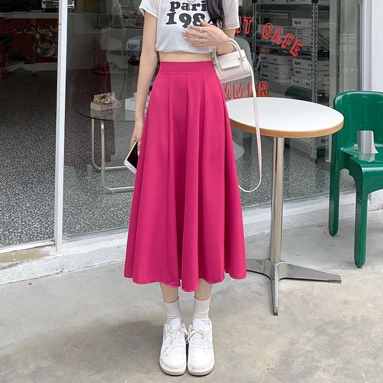 ピンクコーデ ふんわり シンプル 無地 タック フレア ロング プリーツ ピンクスカート