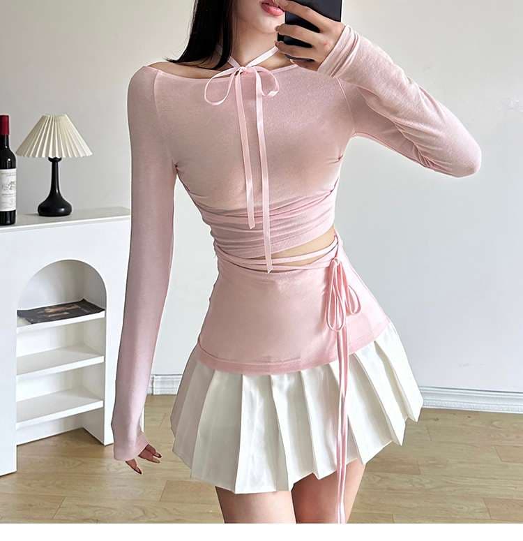 ピンクコーデ リボン付きクロップド長袖カットソー