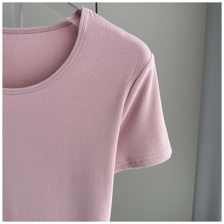 ピンクコーデ リブニット素材ベーシック半袖Tシャツ