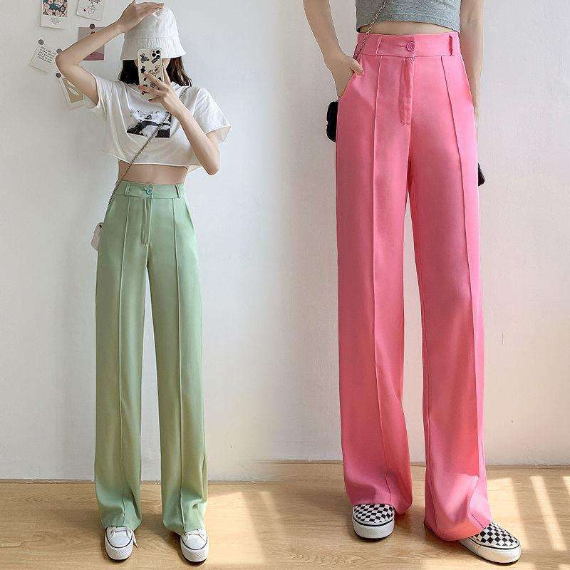ピンクコーデ ゆったりハイウエストワイドストレートピンクパンツ
