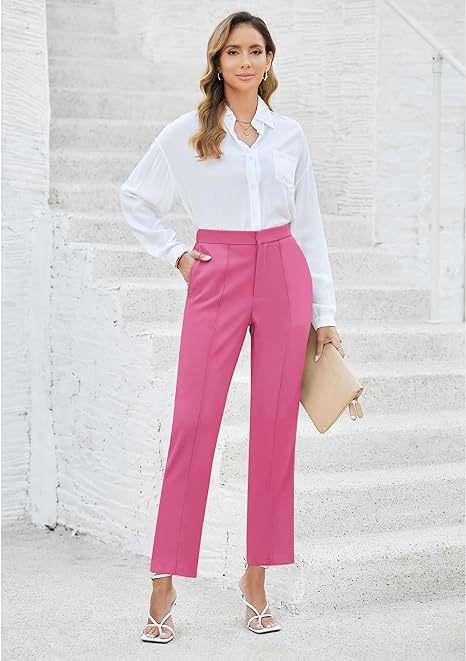 ピンクコーデ エレガントなストレートフォーマルピンクパンツ