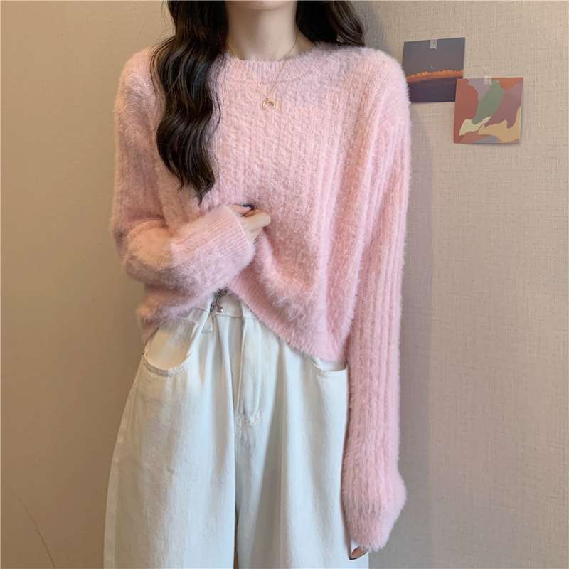 ピンクコーデ ふわふわ モヘア リブニット セーター 女性 長袖 秋冬 ベビーピンク かわいい フェミニン トップス