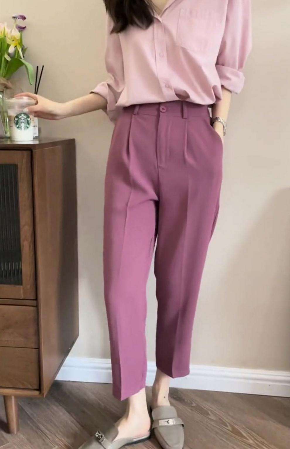 ピンクコーデ しなやかドレープストレートピンクパンツ