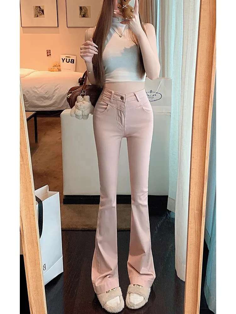 ピンクコーデ 美脚 ハイウエスト フレア くすみピンク ストレッチ パンツ