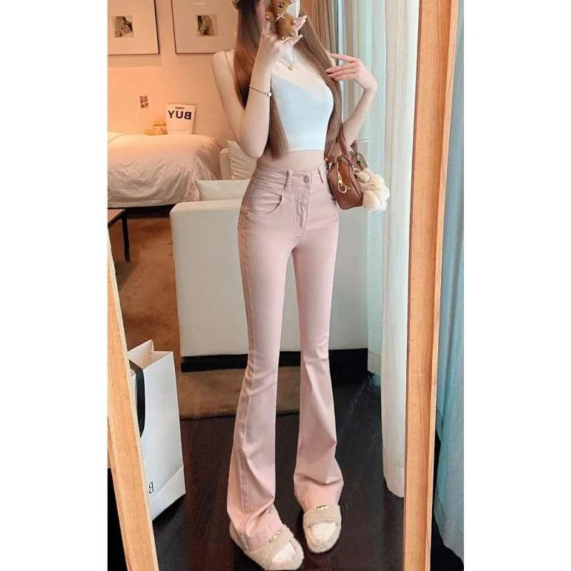 ピンクコーデ 美脚 ハイウエスト フレア くすみピンク ストレッチ パンツ