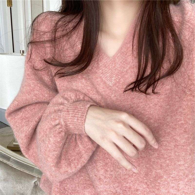 ピンクコーデ ふんわり モヘア ニット セーター プルオーバー すっきり Vネック ゆる感シルエット デイリー オフィス レディース ピンクコーデ トップス