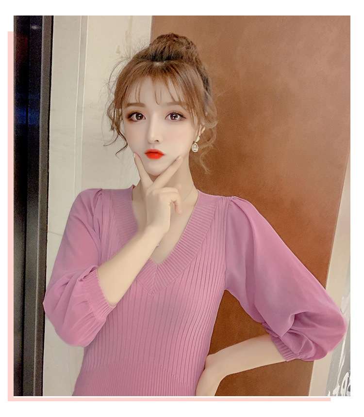 ピンクコーデ ふんわり袖リブニットピンクプルオーバー