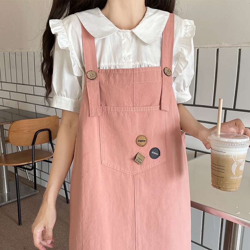 ピンクコーデ フリルブラウス重ね着風サロペットワンピース
