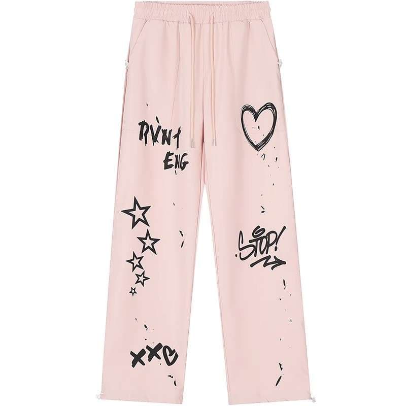 ピンクコーデ グラフィティ風プリントワイドパンツ