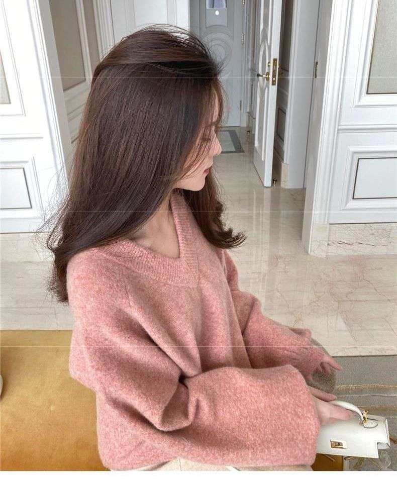 ピンクコーデ ふんわり モヘア ニット セーター プルオーバー すっきり Vネック ゆる感シルエット デイリー オフィス レディース ピンクコーデ トップス
