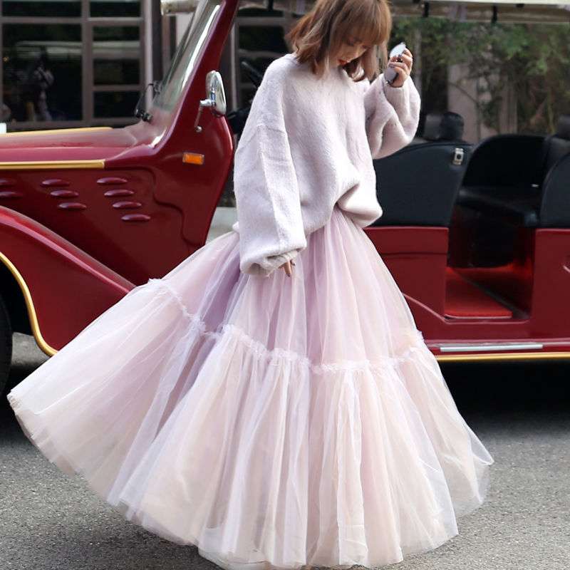 ピンクコーデ ふんわりチュールロングピンクスカート