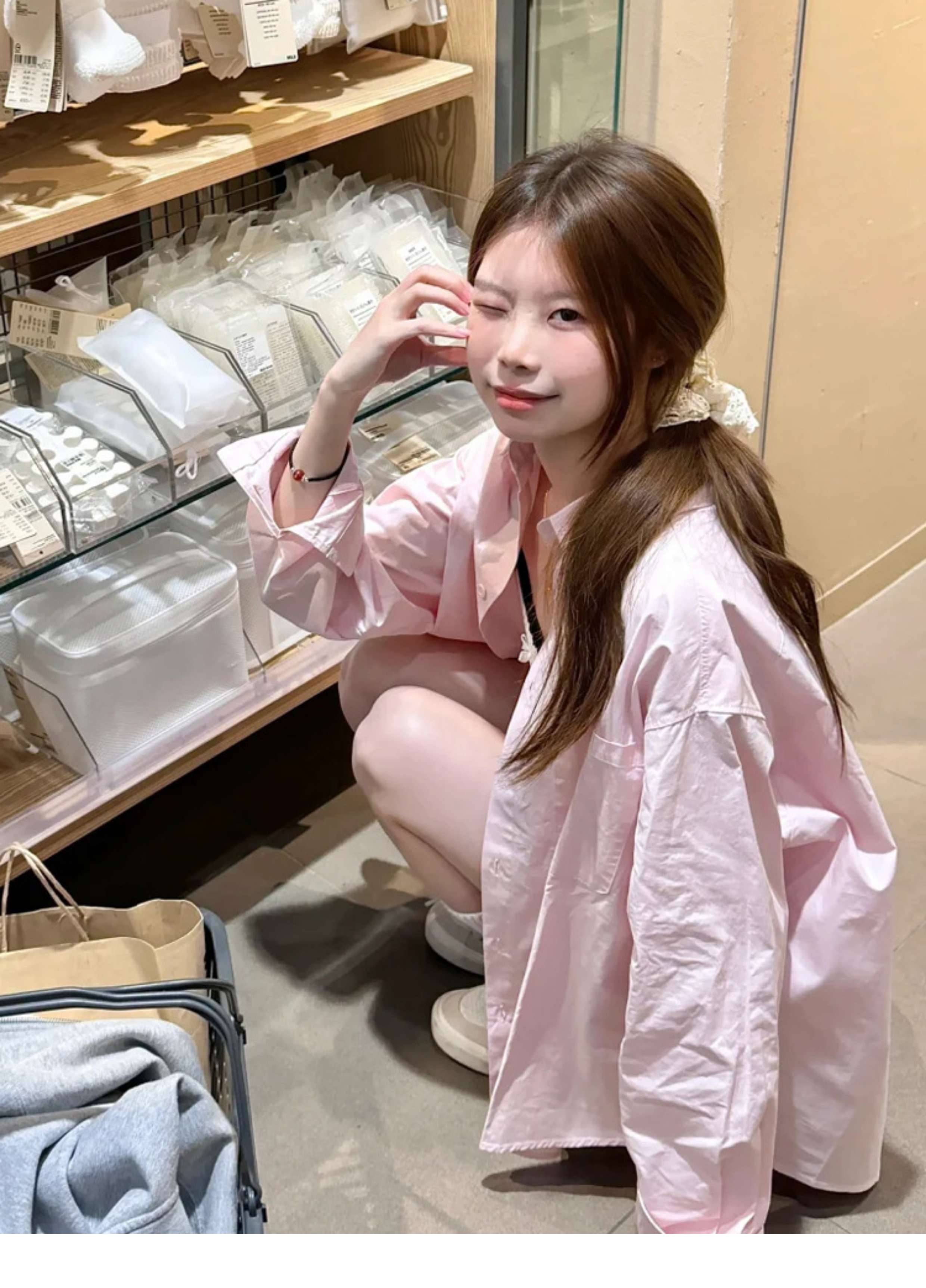 ピンクコーデ ゆったりシルエットロングシャツ