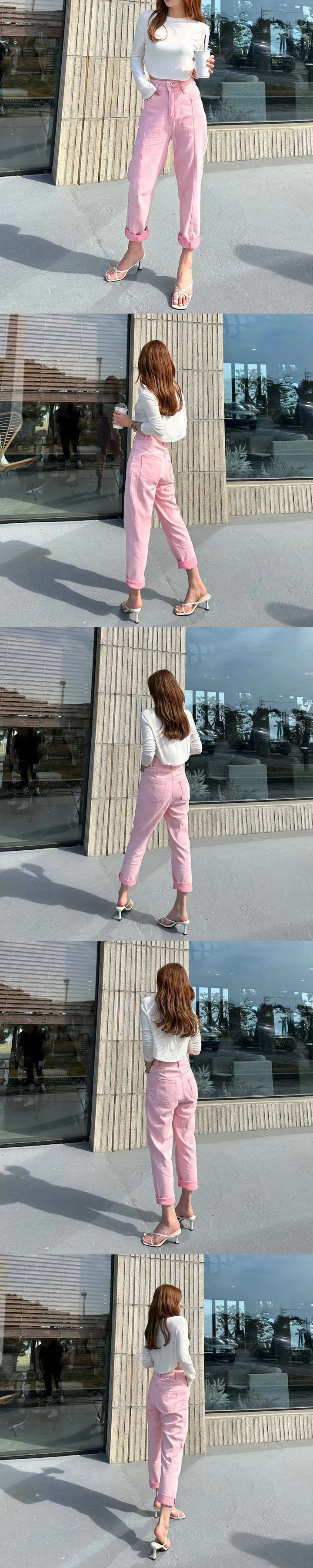 ピンクコーデ ハイウエストストレートデニムピンクパンツ