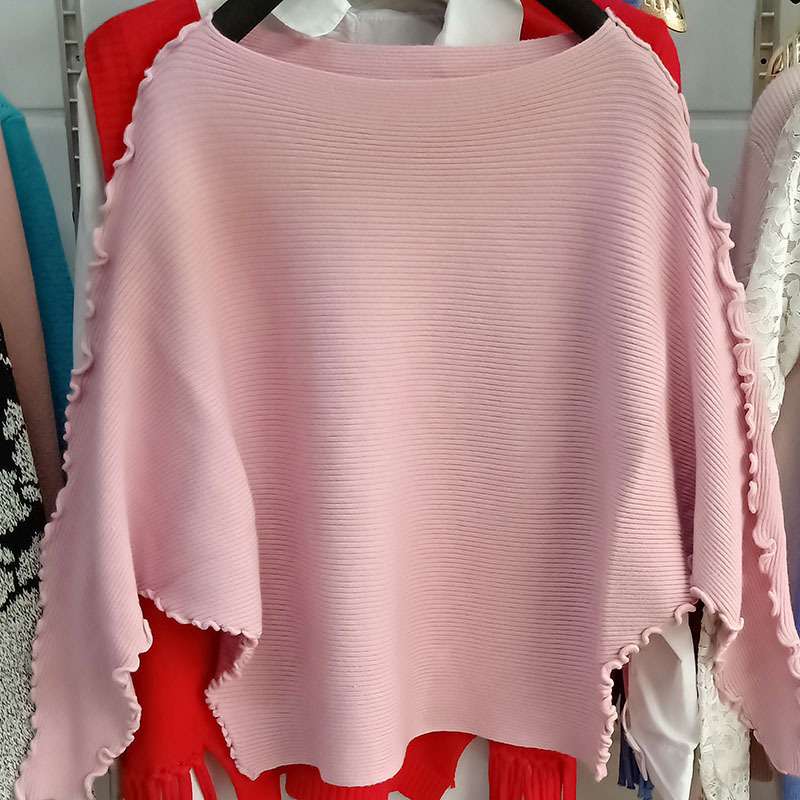 ピンクコーデ フリルスリーブリブピンクニット