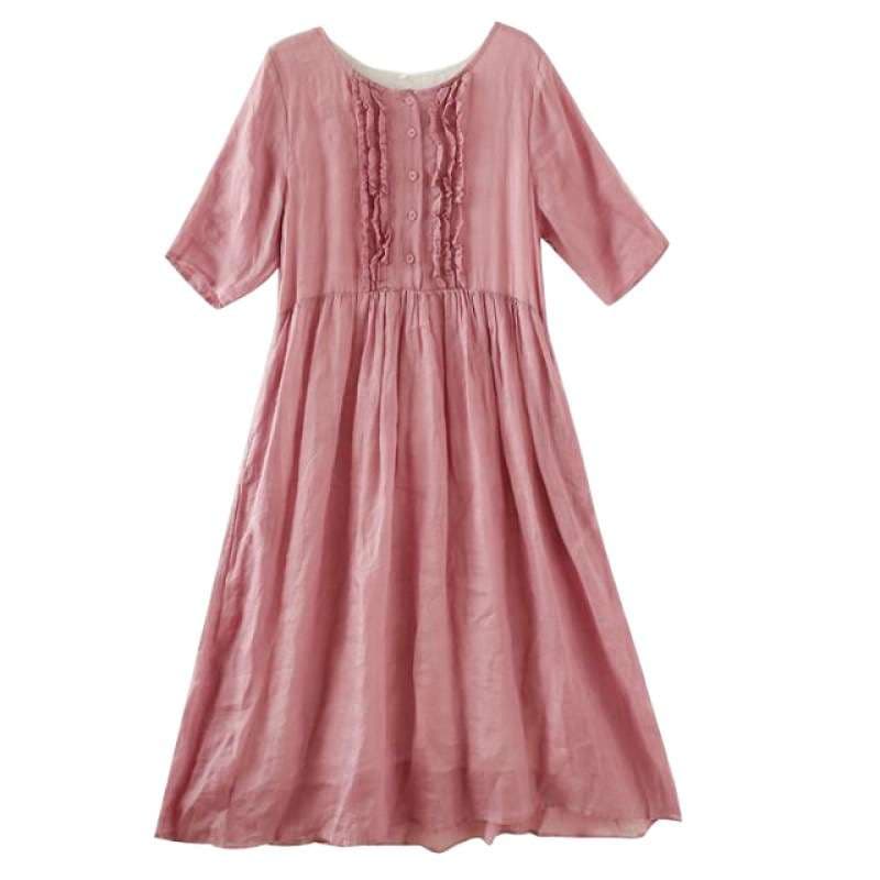 ピンクコーデ フリルデザイン 七分袖 ロングワンピース