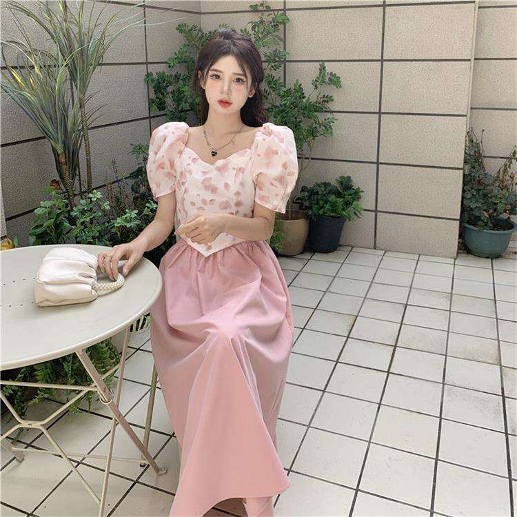 ピンクコーデ フェミニンレトロ ロングフレアピンクスカート