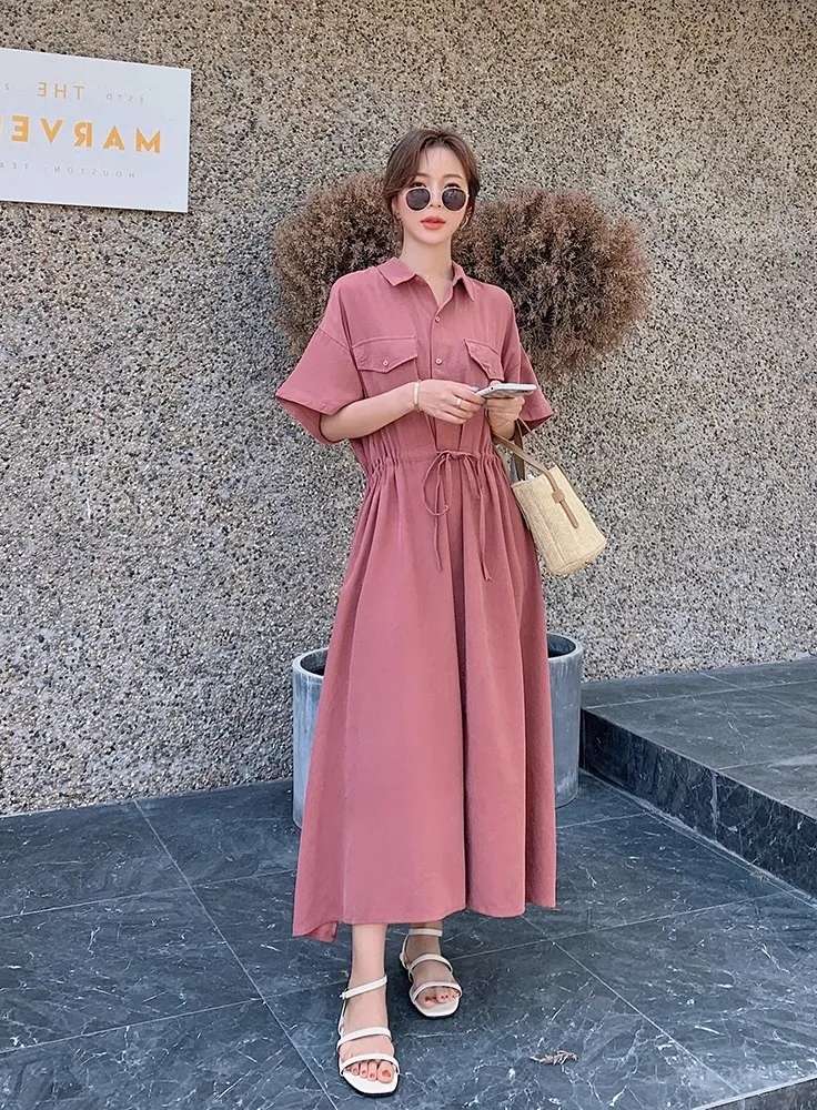 ピンクコーデ シャツカラーマキシピンクワンピース