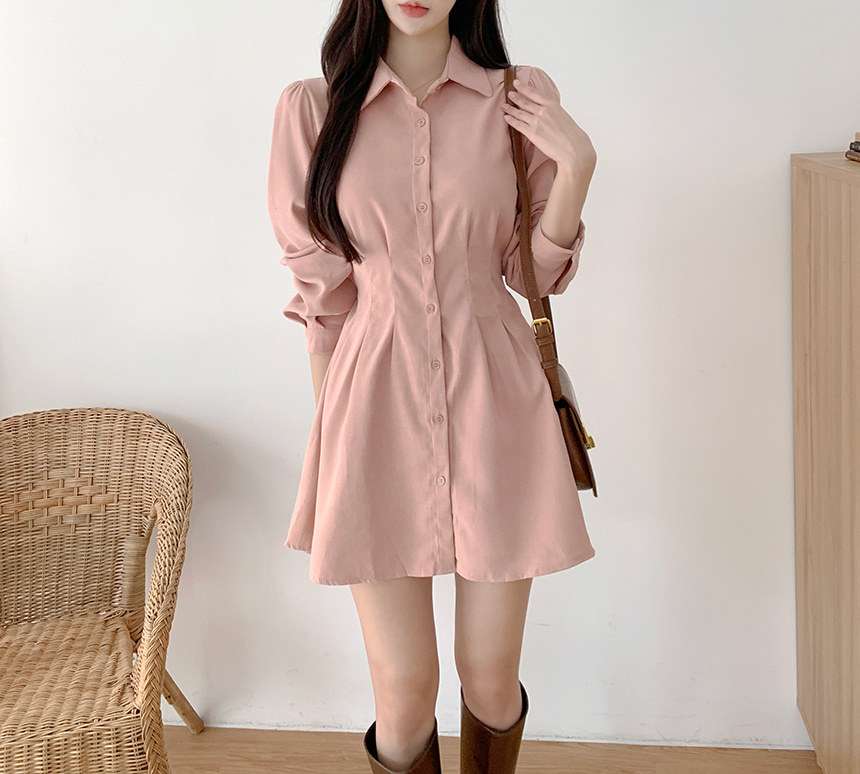 ピンクコーデ ふんわり袖のパフスリーブ♪ピンクシャツミニワンピース