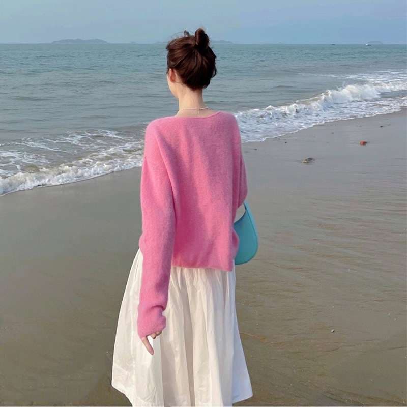 ピンクコーデ ふわもこ海辺カーディガン