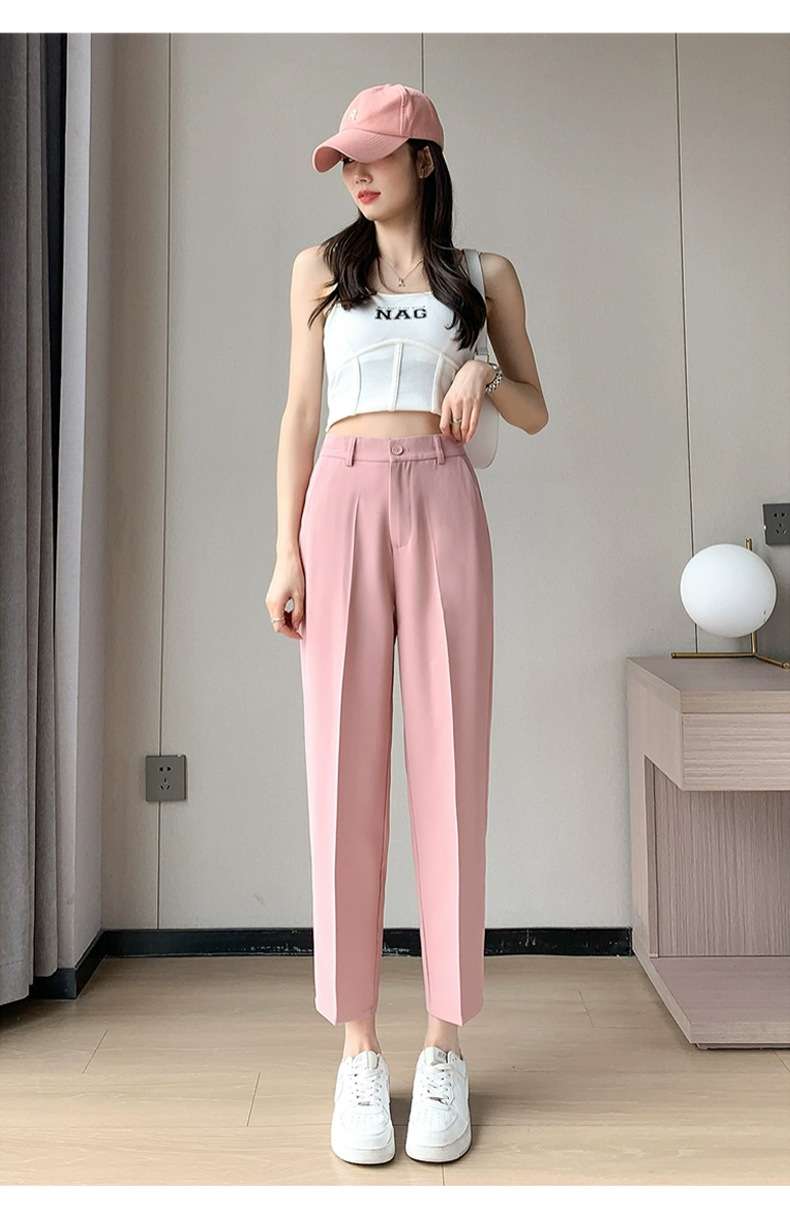 ピンクコーデ ハイウエストテーパードスラックスのピンクパンツ