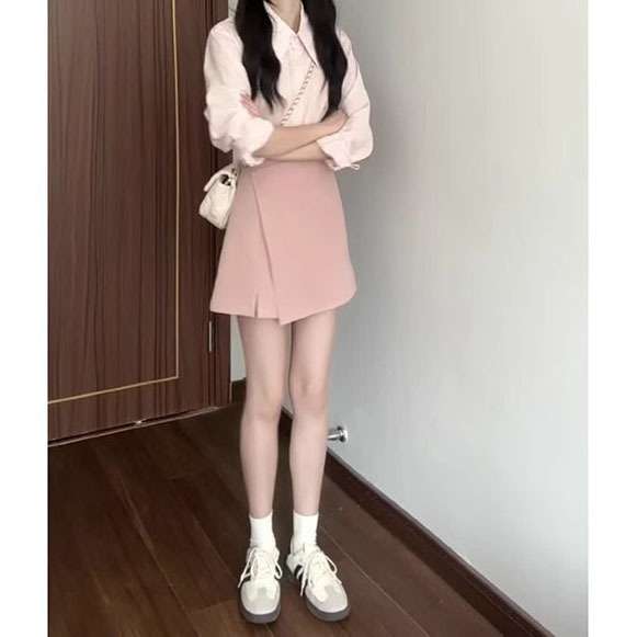 ピンクコーデ フロントラップのタイトミニピンクスカート